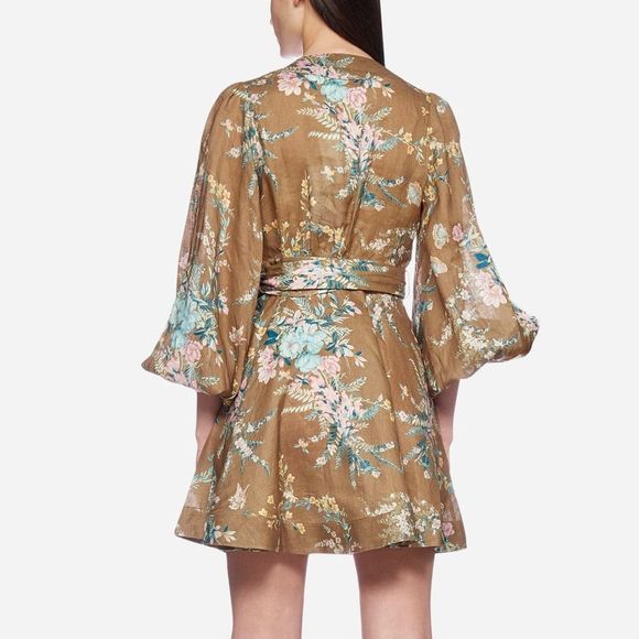 NWOT ZIMMERMANN 100% Linen Cassia Wrap Short Brown Floral Dress - Picture 3 of 9